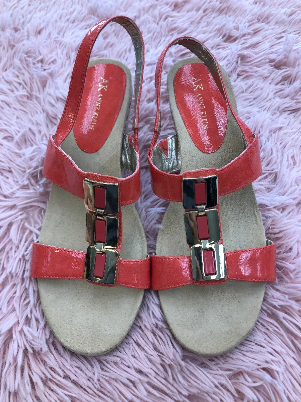Luxury Leather Sneakers Orange Sandals Heels Wedge Anne Klein, Size 9
