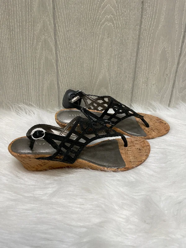 Comfortable Walking Sandals Black & Tan Sandals Heels Wedge Kelly And Katie, Size 7