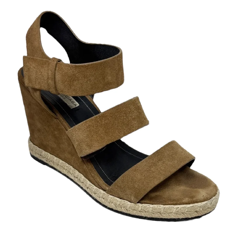 Stylish Sneakers For Running Suede Espadrille Wedge Sandals Luxury Designer By Balenciaga In Hazelnut Noisette, Size: 10