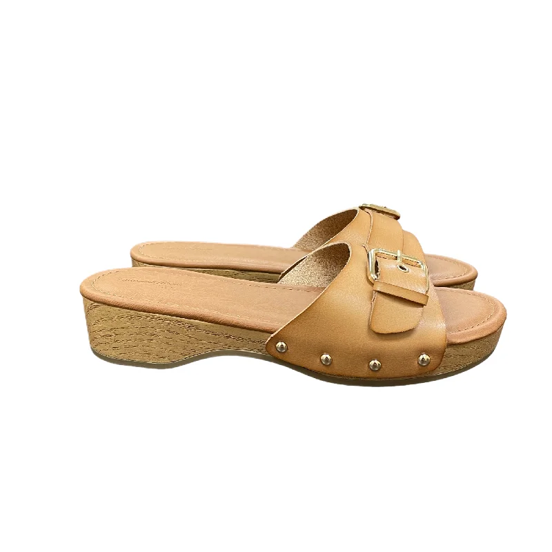 Luxury Leather Sneakers Brown Sandals Heels Block By Universal Thread, Size: 7.5