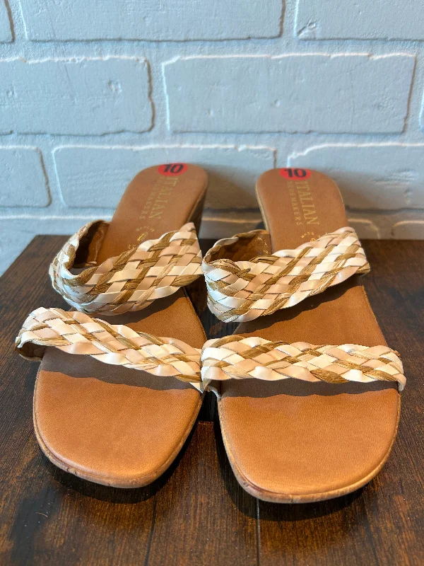 Leather Casual Shoes Tan Sandals Heels Block Italian Shoemakers, Size 10