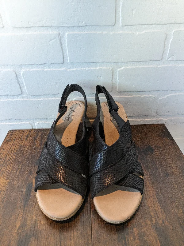 Breathable Sports Shoes Black Sandals Heels Wedge Clarks, Size 9