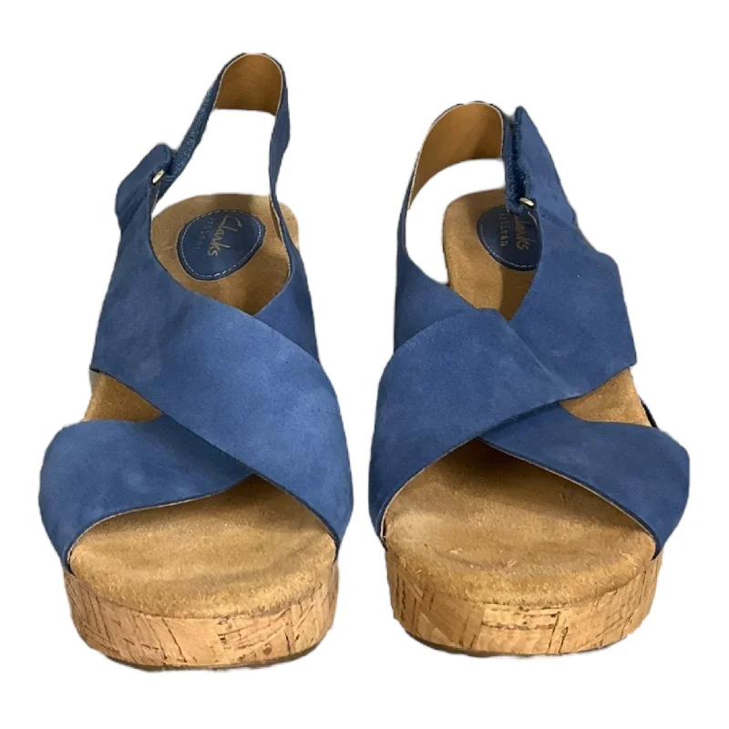 Casual Flip Flops Blue Sandals Heels Wedge Clarks, Size 9.5