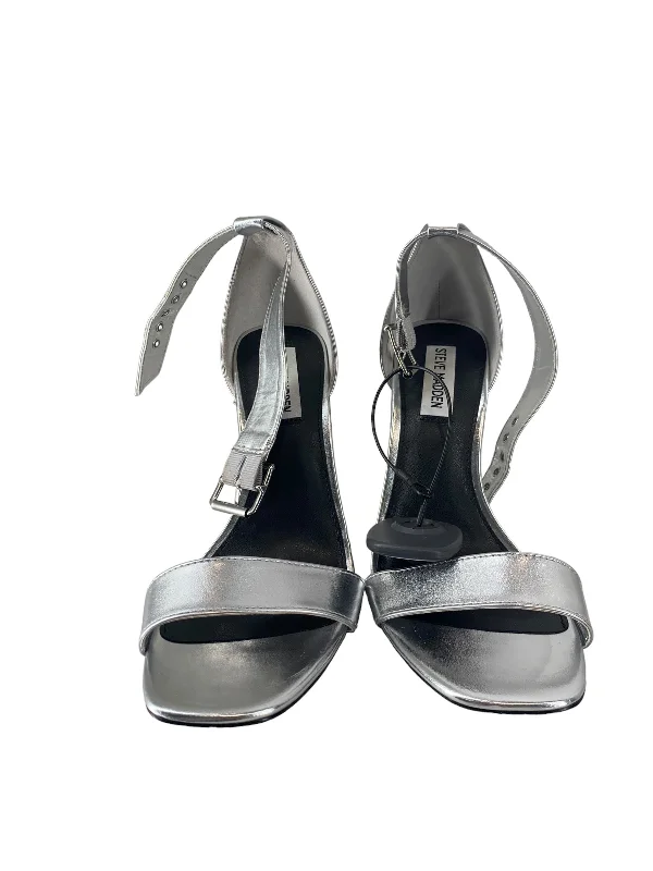Affordable Hiking Shoes Silver Sandals Heels Stiletto Steve Madden, Size 8