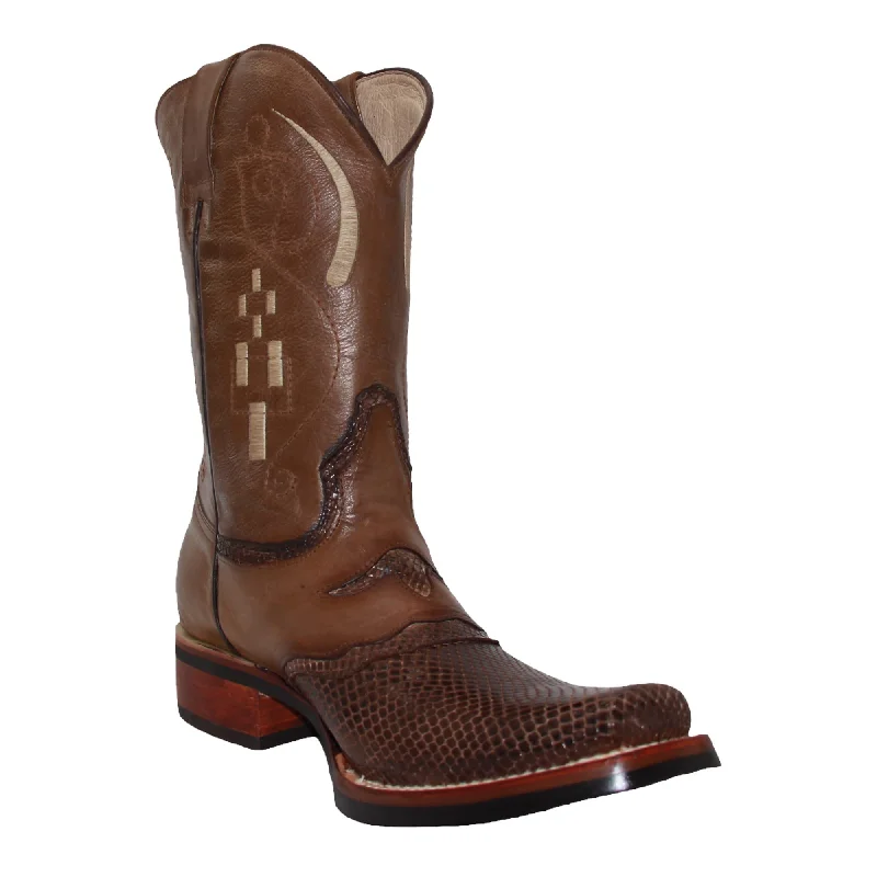Sporty Hiking Shoes Men's Leather Snake Skin Print Square Toe Cowboy Boot