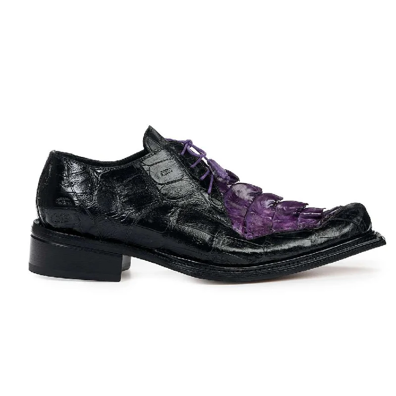 Fashionable Sneakers Collection Mauri 44209 Men's Designer Shoes Exotic Skin Giotto Black & Violet Baby Croc & Hornback Tail Oxfords (MA4821)