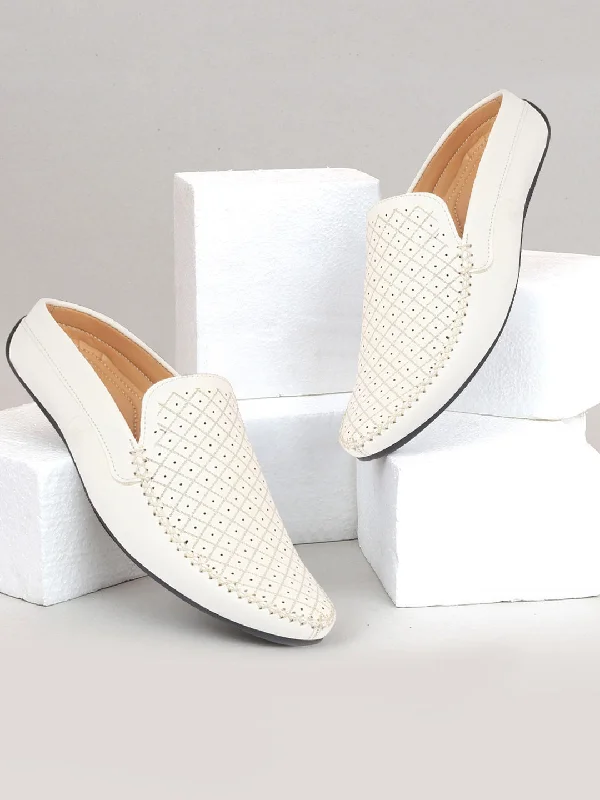Stylish Boots For Work Men White Stitched Block Design Pattern Back Open Slip On Loafer Shoes