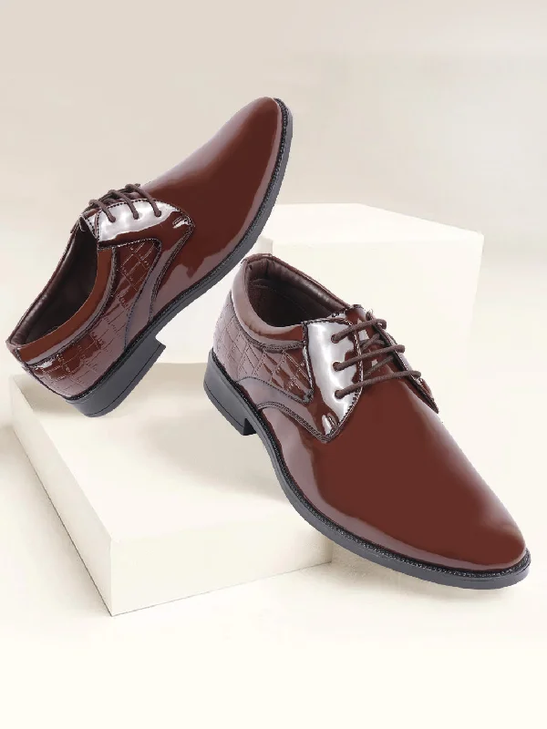 Comfortable Sandals For Summer Men Tan Patent Leather Party Formal Embossed Design Office Lace Up Derby Shoes