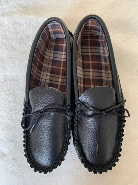 Sporty Casual Shoes Black Leather Moccasin Slipper Hard Sole | Dave