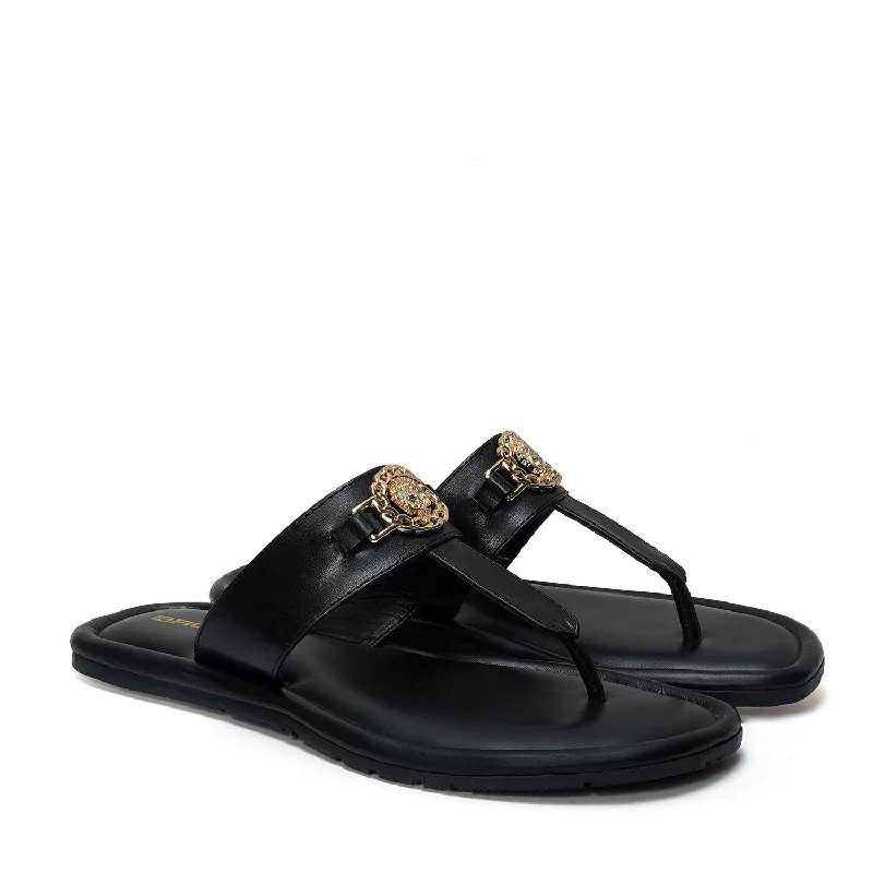 Durable Work Boots T-Strap Black Slide-in Slipper with Trademark Buckle