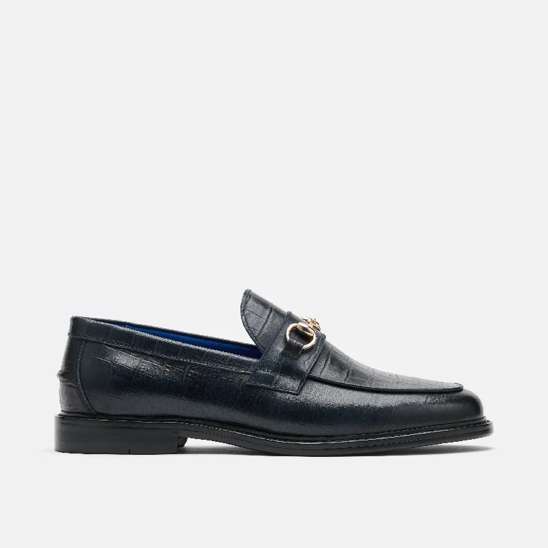 Comfortable Formal Footwear Boardwalk Navy Croc Leather Horse-Bit Loafers