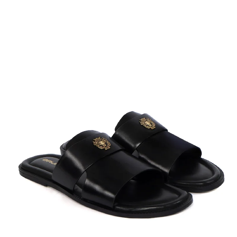 Casual Flip Flops Welt Slippers with Broad Strapped Cut Out Detail Black Leather