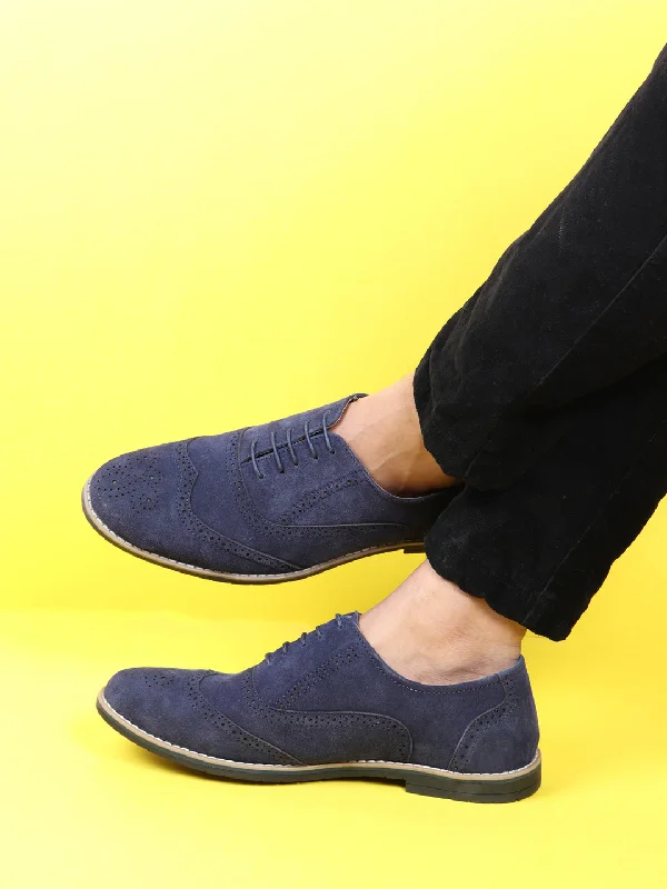Casual Sports Footwear Men Navy Suede Leather Brogue Shoes with TPR Welted Sole