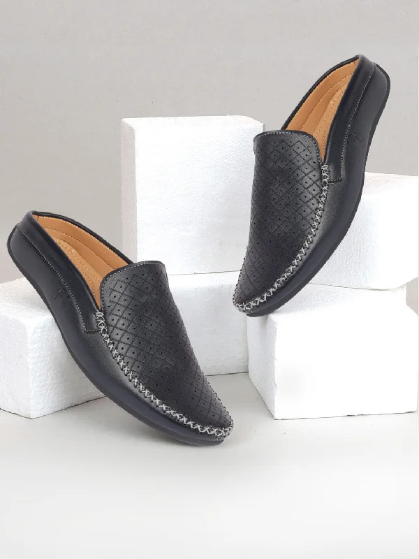 Formal Sports Shoes Men Blue Stitched Block Design Pattern Back Open Slip On Loafer Shoes