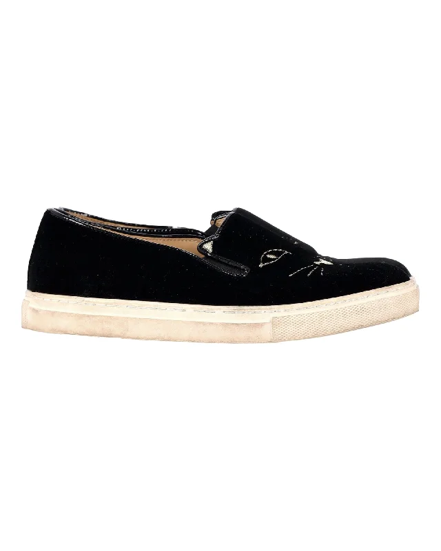 Casual Sandals For Sale Charlotte Olympia Embroidered Accent Sneakers in Black Velvet