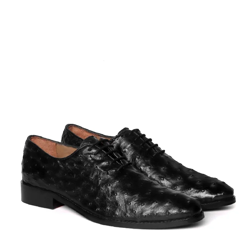 Durable Work Boots Oxford Leather Lace-Up Shoes in Black Real Ostrich Whole Cut/One-Piece