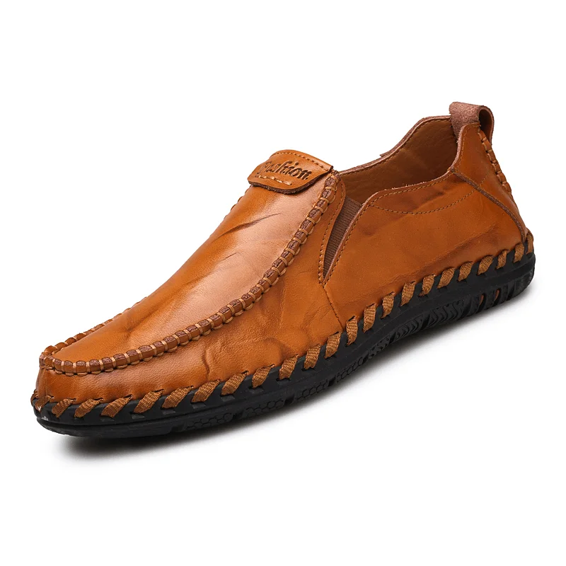 Stylish Winter Footwear Men Hand Stitching Sfot Leather Non Slip Sole Comfy Slip-On Casual Driving Shoes
