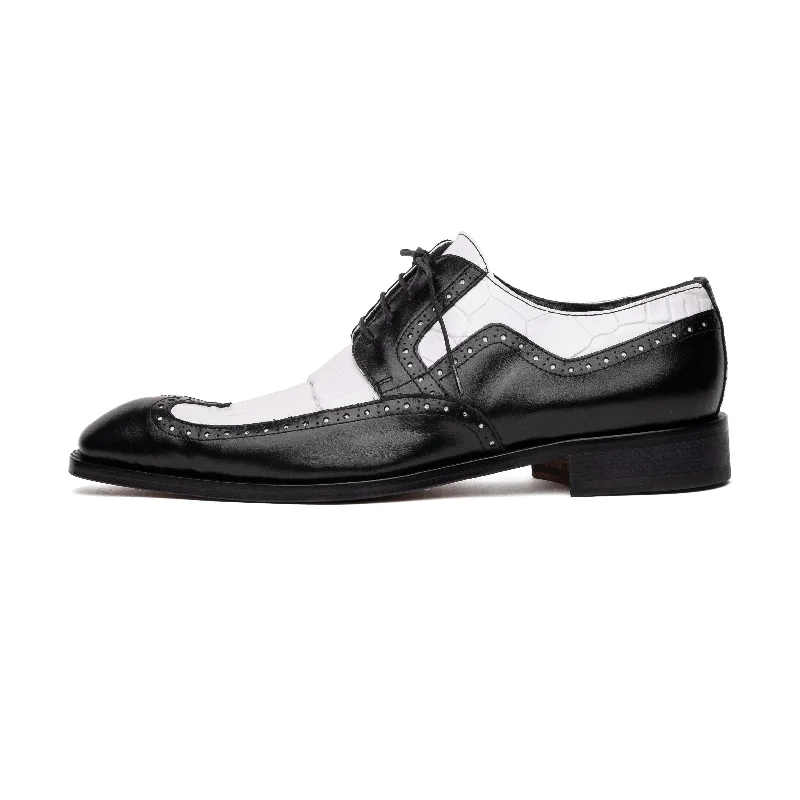 Waterproof Loafers Mauri Goodfella 3258 Men's Shoes Black & White Exotic Alligator / Calf-Skin Leather Wing-tip Derby Oxfords (MA5600) Waterproof Loafers Mauri Goodfella 3258 Men's Shoes Black & White Exotic Alligator / Calf-Skin Leather Wing-tip Derby Oxfords (MA5600)