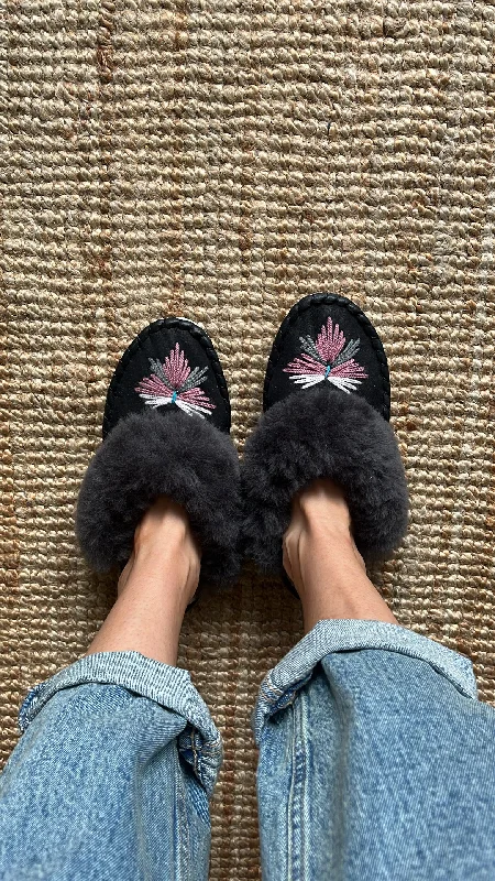 Comfortable Walking Sandals Aubergine Sheepskin Mule Slippers