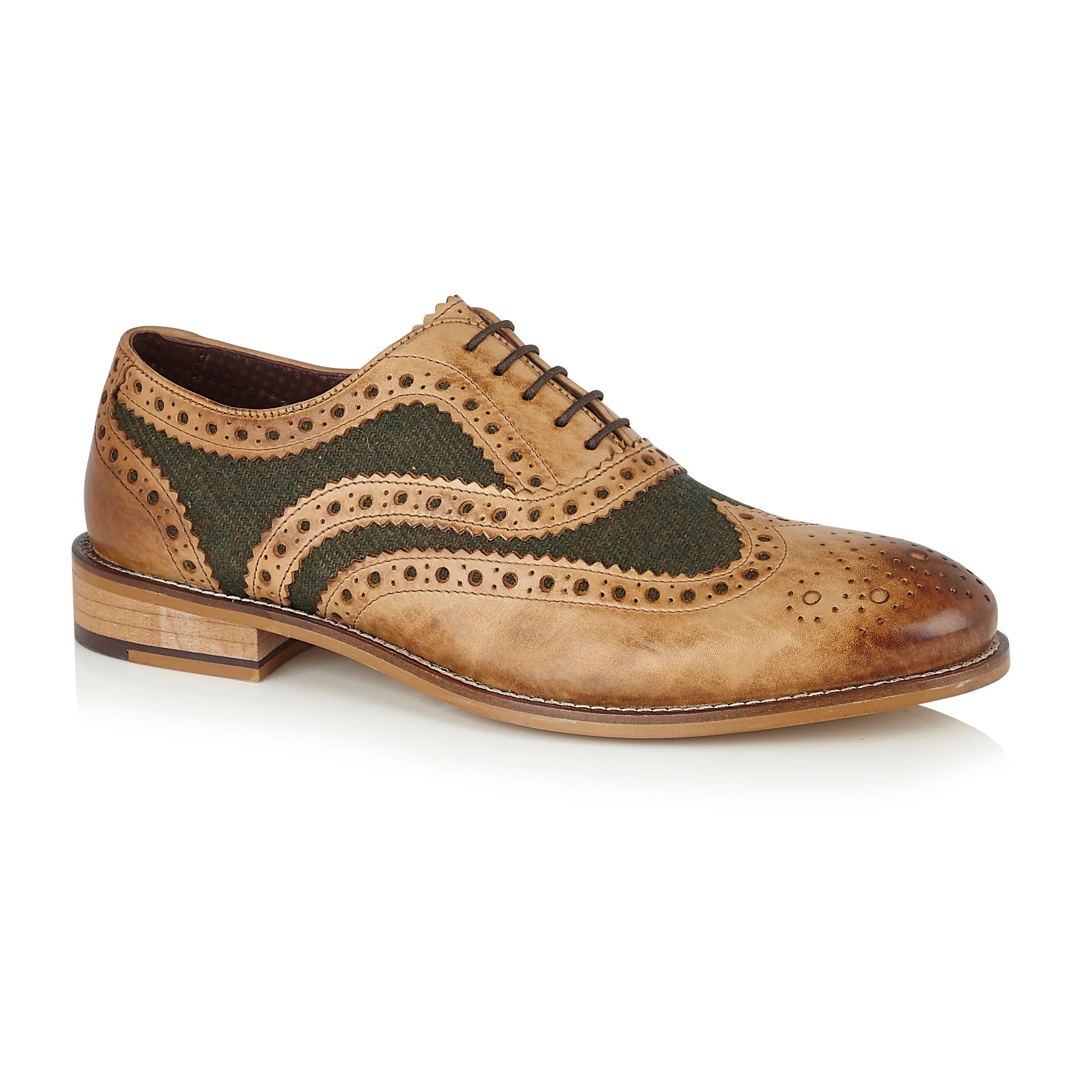 Classic Flat Shoes Gatsby Leather Brogue Tan / Green Tweed