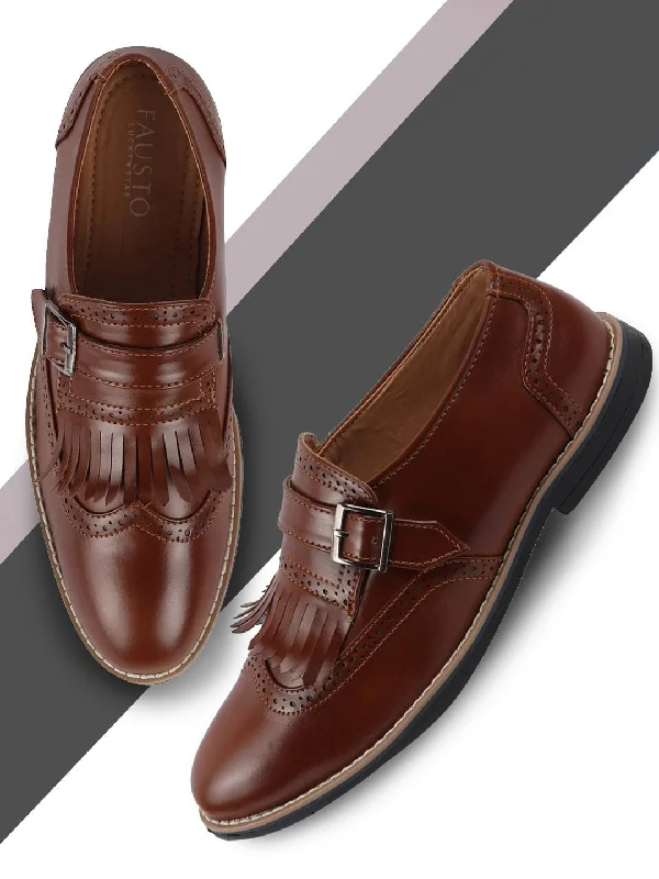 Fashionable Sneakers Collection Men Tan Monk Single Strap Fringe Formal Shoes with TPR Welted Sole Fashionable Sneakers Collection Men Tan Monk Single Strap Fringe Formal Shoes with TPR Welted Sole