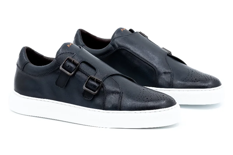 Comfortable Loafers For Men Lorenzo Calf Skin Double Monk Sneakers - Navy