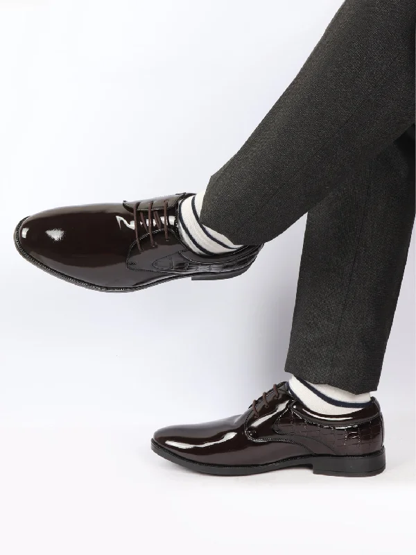 Casual Flip Flops Men Brown Patent Leather Party Formal Embossed Design Office Lace Up Derby Shoes