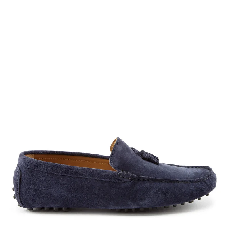 Waterproof Snow Boots Tasselled Driving Loafers, navy blue suede
