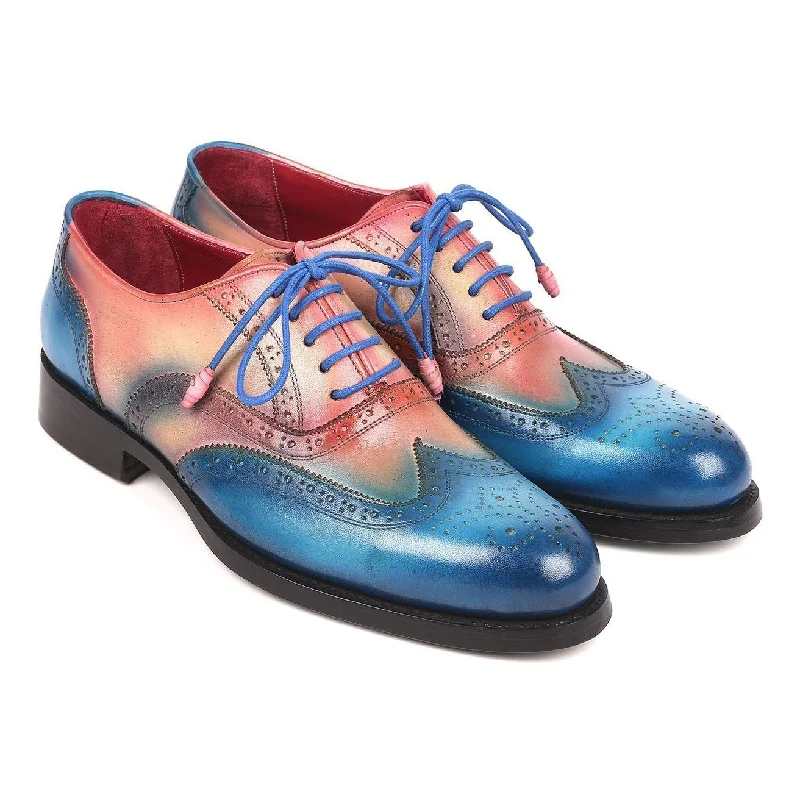 Comfortable Heeled Shoes Paul Parkman Men's Blue & Pink Calf-Skin Leather Wing-tip Good Year Welted Oxfords 027-BLUPNK (PM6174) Comfortable Heeled Shoes Paul Parkman Men's Blue & Pink Calf-Skin Leather Wing-tip Good Year Welted Oxfords 027-BLUPNK (PM6174)