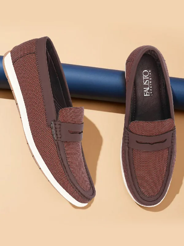 Casual Booties For Sale Men Brown Textured Design Casual Slip On Loafer Boat Shoes
