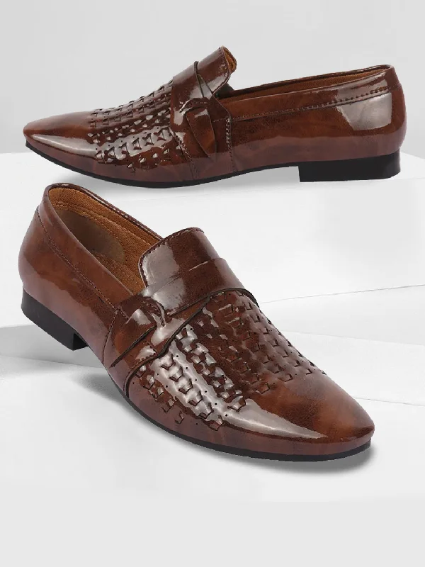 Fashionable Hiking Shoes Men Tan Casual Patent Leather Slip-On Shoes