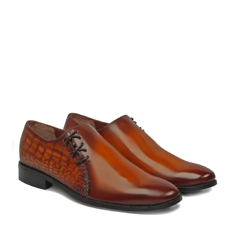 Sporty Hiking Shoes Tan Cross Stitched Side Lacing with Quarter Deep Cut Croco Leather Formal Shoes by Brune & Bareskin
