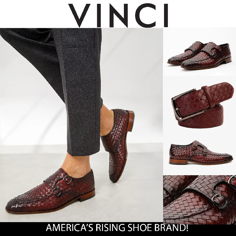 Fashionable Moccasins The Turan Burgundy Woven Double Monk Strap Dress Men  Shoe