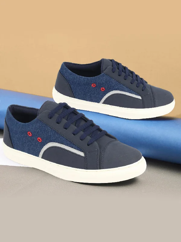 Sporty Hiking Shoes Men Navy Blue Colorblocked Upper Denim Strip Design Comfort Lace Up Canvas Sneakers Shoes Sporty Hiking Shoes Men Navy Blue Colorblocked Upper Denim Strip Design Comfort Lace Up Canvas Sneakers Shoes