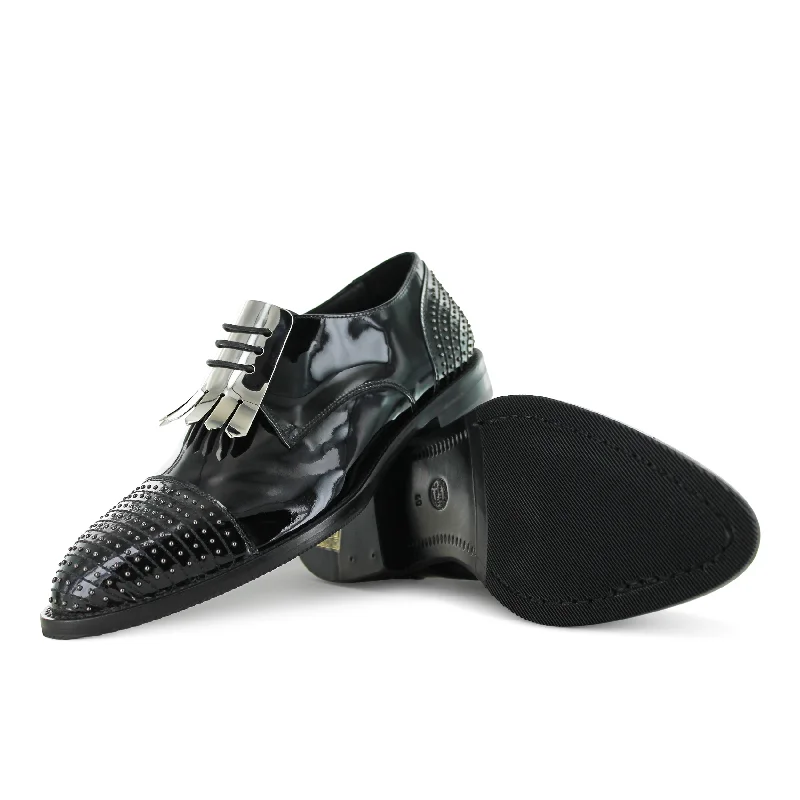 Comfortable Formal Footwear S5083 - Black Patent Eve W/ Silver Fringe