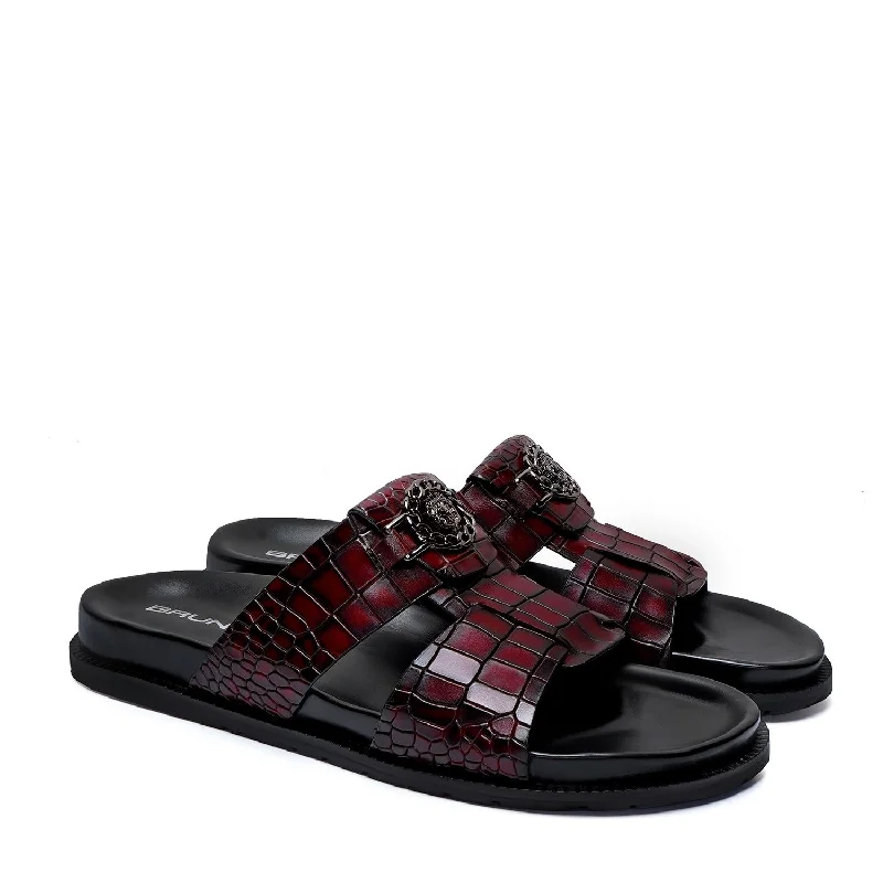 Best Running Sneakers Pass Through Broader Toe Strap Leather Slippers in Wine Leather