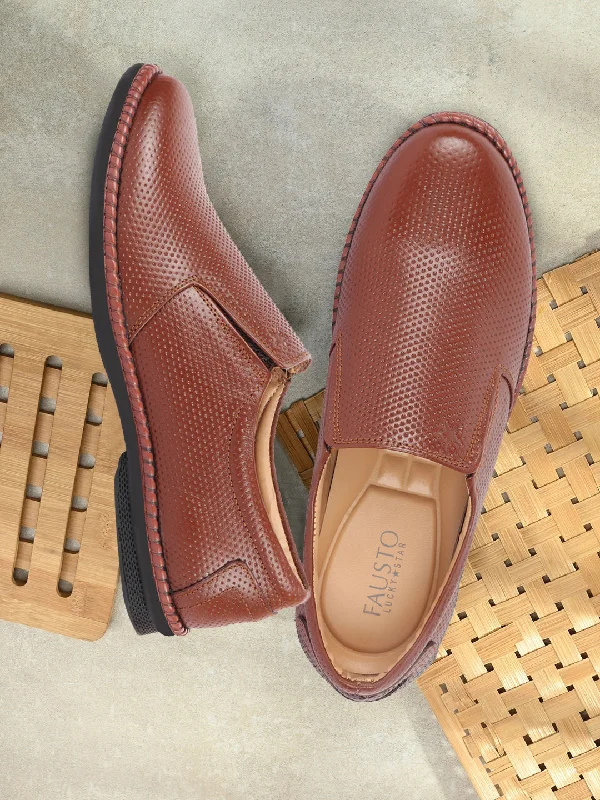 Classic Flat Shoes Men Tan Textured Formal/Office Broad Toe Leather Slip On Shoes