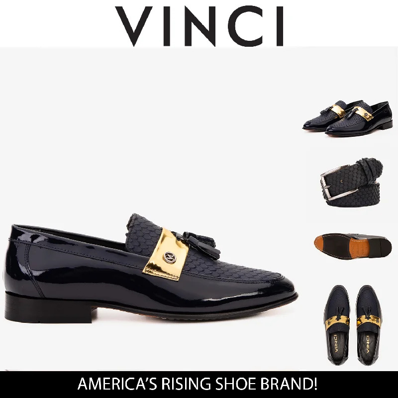 Comfortable Flip Flops The Imperial Navy Blue & Gold Leather Men Dress Shoe