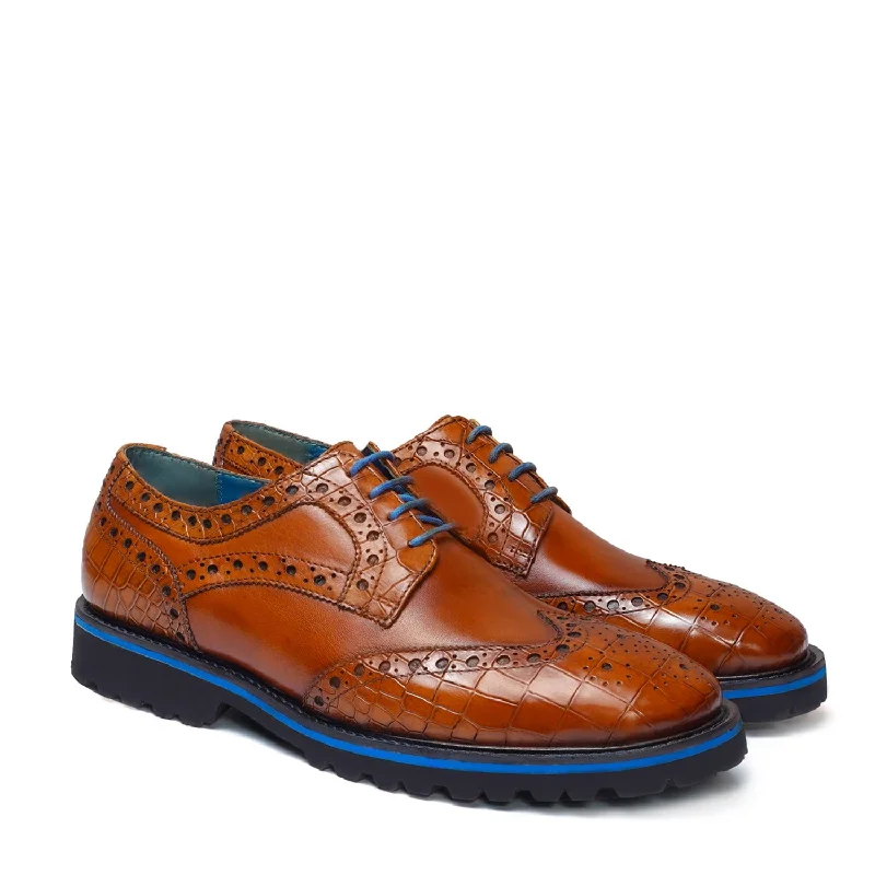 Cozy Winter Shoes Contrasting Tan Croco Leather Toe Sky Blue Laces Derby Shoes