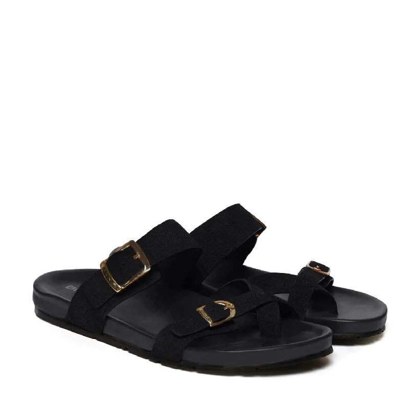Comfortable Sports Shoes Black Suede Leather Slipper With Double Golden Buckle