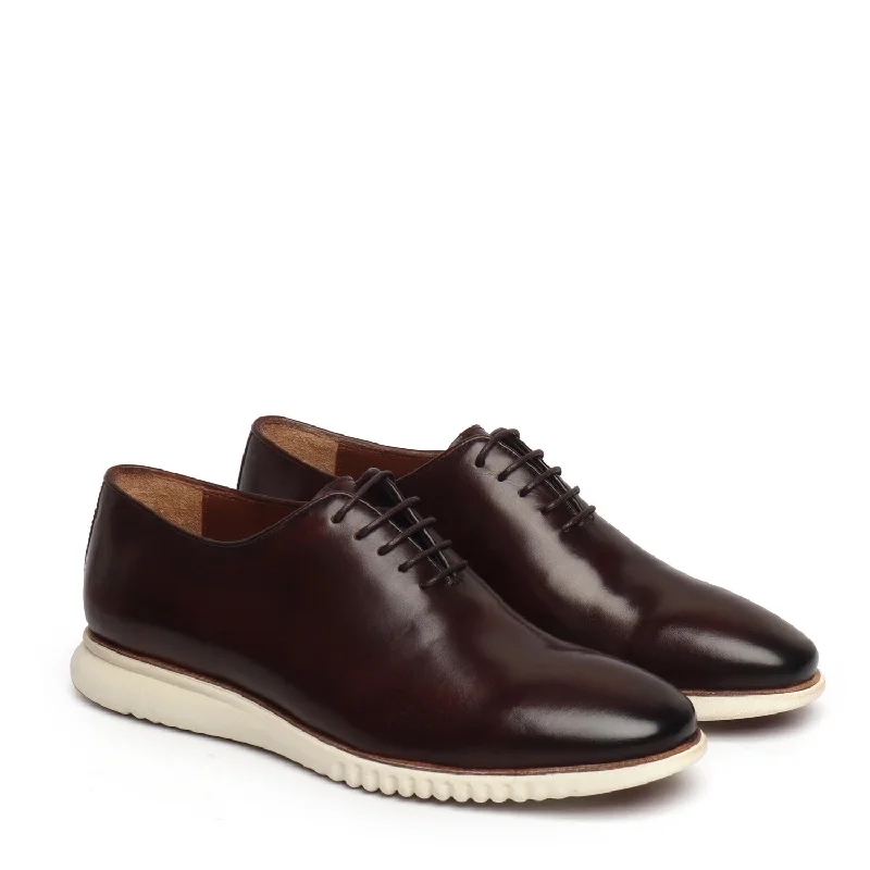 Comfortable Athletic Shoes Dark Brown One Piece Leather Oxford Lace-Up Sneakers