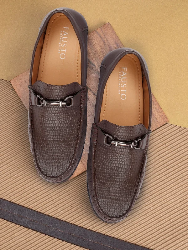 Stylish Winter Boots Men Brown Horsebit Buckle Embossed Casual/Dress Loafer Shoes