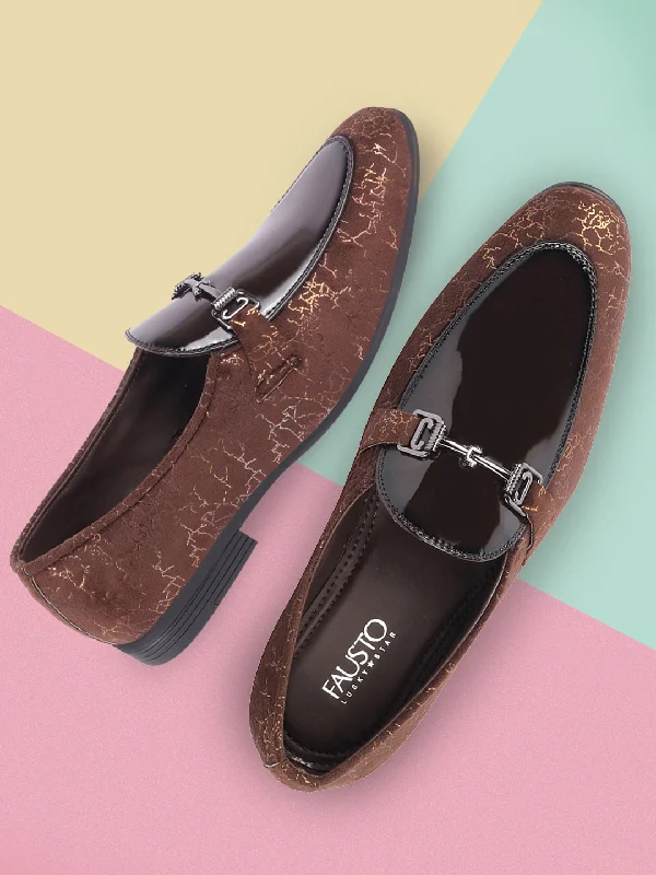 Stylish High Heels Men Brown Party Formal Velvet Horsebit Buckle Slip On Loafer Shoes