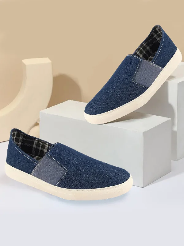 Durable Sports Sneakers Men Navy Blue Colorblocked Denim/Canvas Slip On Casual Loafer Shoes