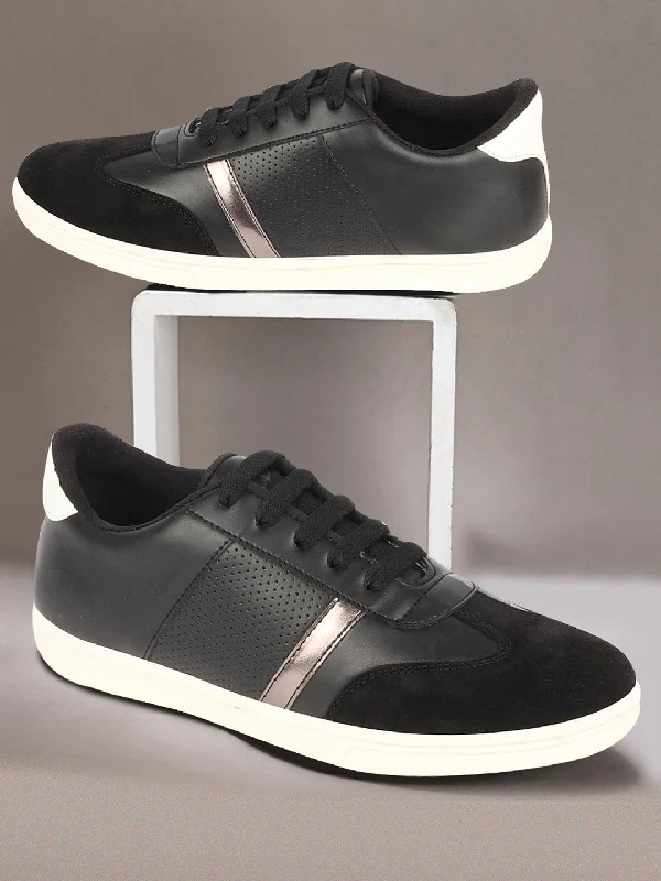Slip-On Sneakers Collection Men Black Embellished Strip Breathable Upper PU Suede Leather Lace Up Sneakers Shoes Slip-On Sneakers Collection Men Black Embellished Strip Breathable Upper PU Suede Leather Lace Up Sneakers Shoes