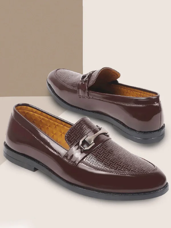 Waterproof Hiking Boots Men Brown Patent Leather Party/Formal Horsebit Slip On Shoes with Textured Details