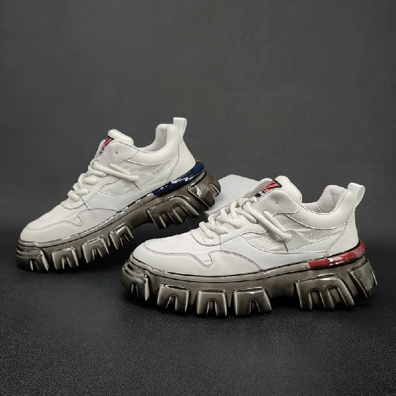 Durable Sports Sneakers Men Fashion Leather Patchwork Thick Soled Casual Shoes