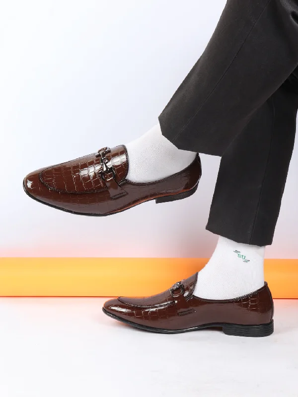 Formal Dress Footwear Men Tan Party Formal Patent Leather Embossed Design Buckle Slip On Loafer Shoes