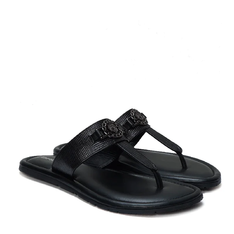 Comfortable Loafers For Men Saffiano T-Strap Black Slide-in Slipper