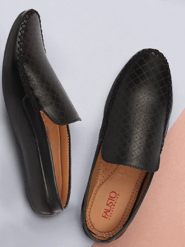 High Quality Sneakers Men Black Stitched Block Design Pattern Back Open Slip On Loafer Shoes
